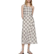 Mango Checkered Asymmetrical One Shoulder Midi Dress Womens 8 Cream Plaid NWOT