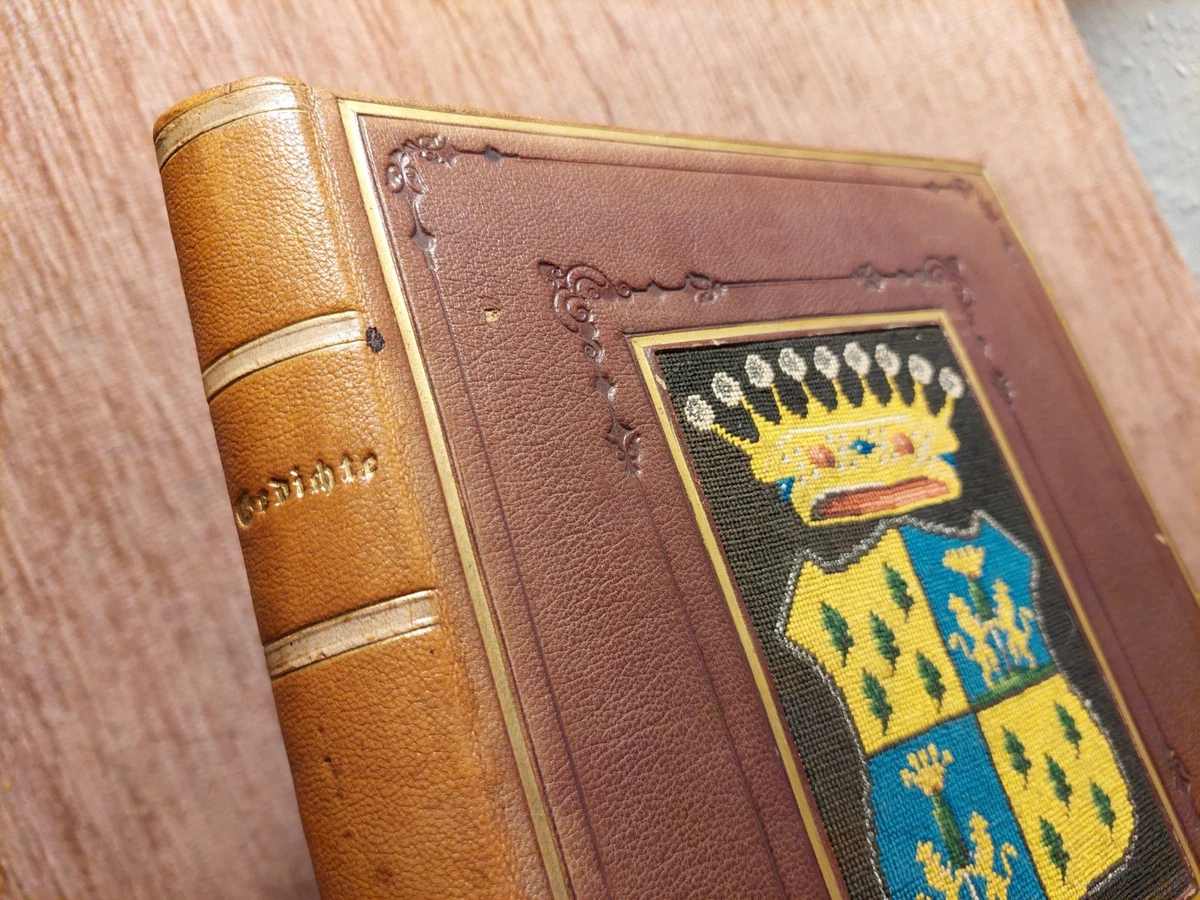 Schönes POESIE STAMMBUCH 1849 HANDSCHRIFT Wappen Cebrian LEDER HANDEINBAND