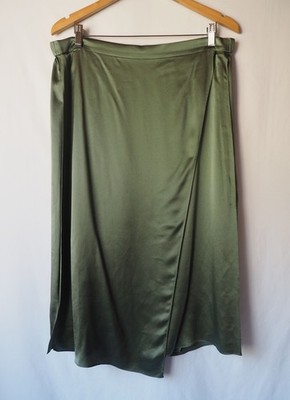 Vince 100% Silk Luxe Charmeuse Draped Panel Slit Midi Skirt Sage Green XL