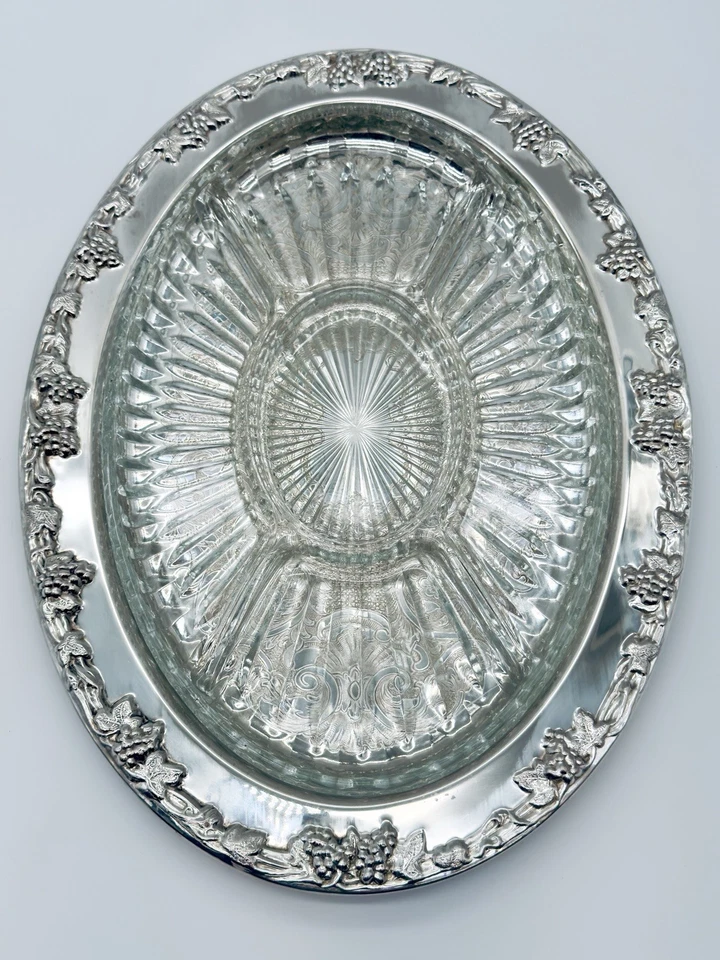 Impresionante plato para servir vintage Gorham plateado con inserto de vidrio dividido Foto 2 de 4