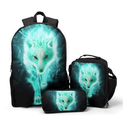 Cyan Wolf Backpack 3-Piece Set, Cool Wilderness Animal Pattern Bookbag Lunch ...