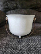 Vintage White Milk Glass Round Wire Handled Cauldron Pot Three Footed Kettle Pot