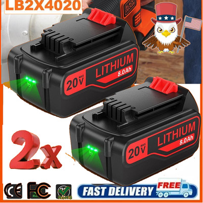 NEW 2X 20V Battery 8 Ah for Black+Decker LB2X4020 MAX Lithium Ion Pack LBXR20
