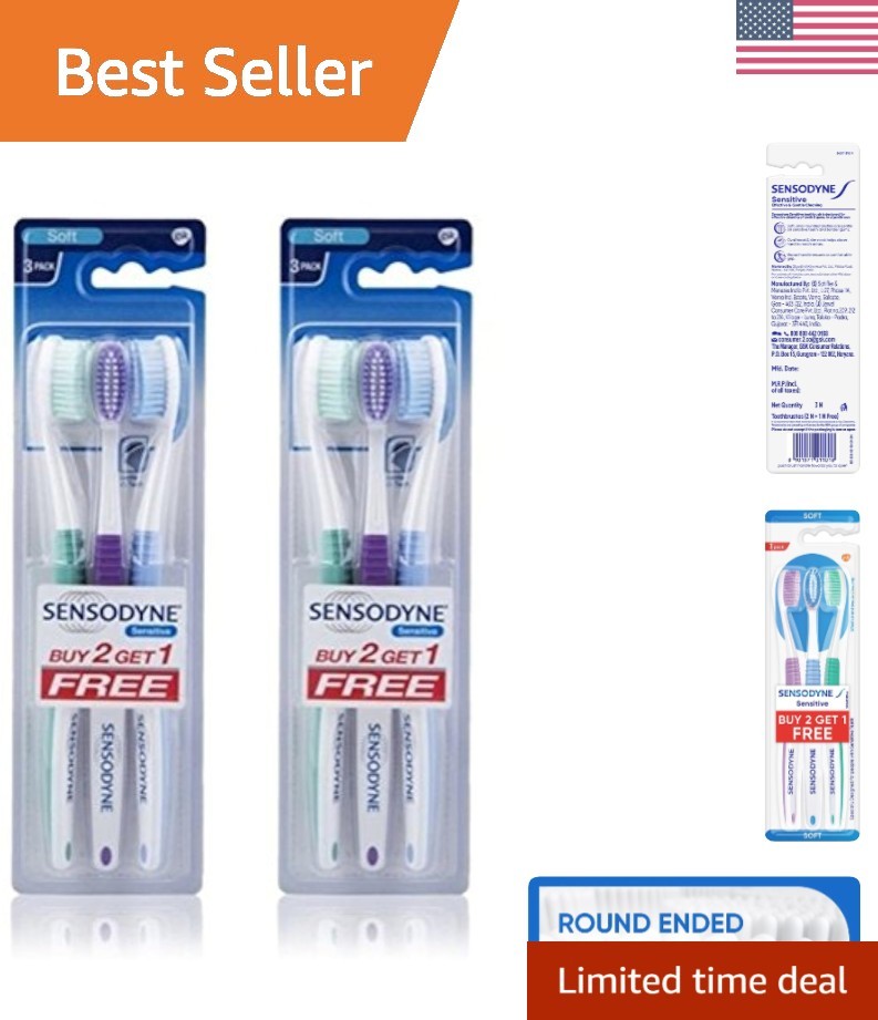 Ergonomic Soft Sensitive Toothbrush, 2 Packs of 3 Count for 