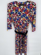 Vintage CHAYA Dress Vibrant Floral Maxi 3/4 Sleeve Size 10 Made USA Pockets Belt