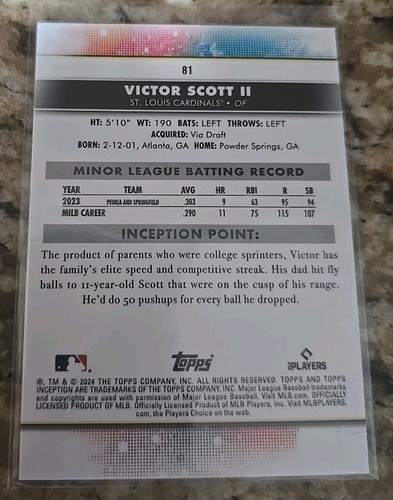 2024 Topps Inception Victor Scott St Louis Cardnials Rc - Foto 2 di 2