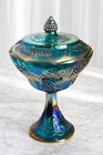 Indiana Glass Blue Carnival Harvest Grape Footed Compote w/ Lid 10.5" Iridescent