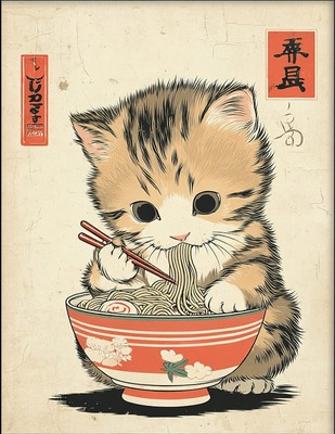 Leinwandbild Kätzchen Katze isst Nudeln.