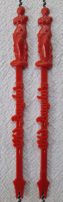 2 VTG FIGURAL Swizzle Stir Sticks Picks OLD ANGELOS Toronto ONT. Empire Crockery