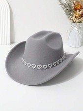 Gray Cowgirl Cowboy Hat Rhinestone Heart Band Rodeo Western Country Festival Cap