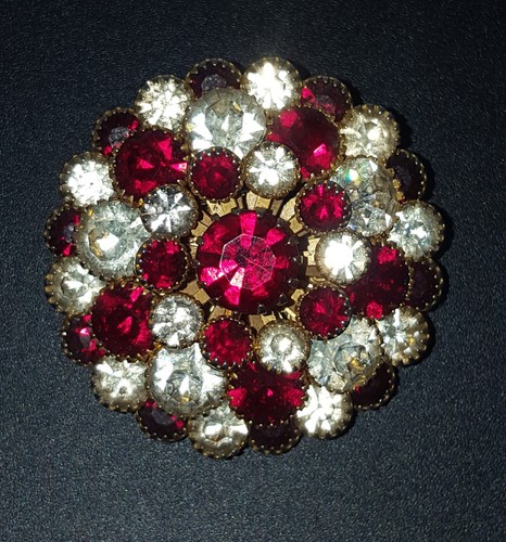 Red White Rhinestone Domed Stacked Brooch Star Pin Round Chunky Vintage Glass - Picture 10 of 22