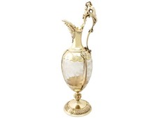 Antique Victorian Acid Etched Glass and Sterling Silver Gilt Claret Jug