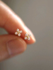 Tiny Gold Flower 4-Leaf Lucky Clover Pink Cubic Zirconia Stud Earrings