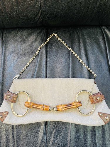 Gucci Canvas Leather Horsebit Bamboo Detail Flap Bag Clutch