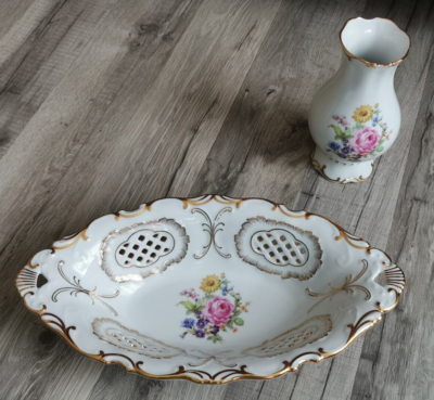 Edle Porzellan Schale und Vase mit Blumen und Gold, durchbrochen Pirkenhammer