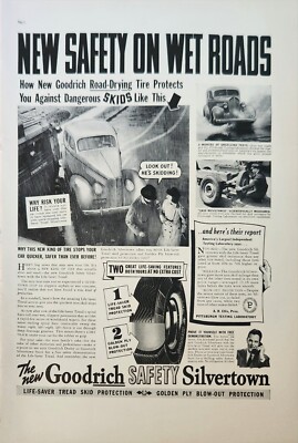 1938 Goodrich safety silvertown tire Vintage Ad on wet roads