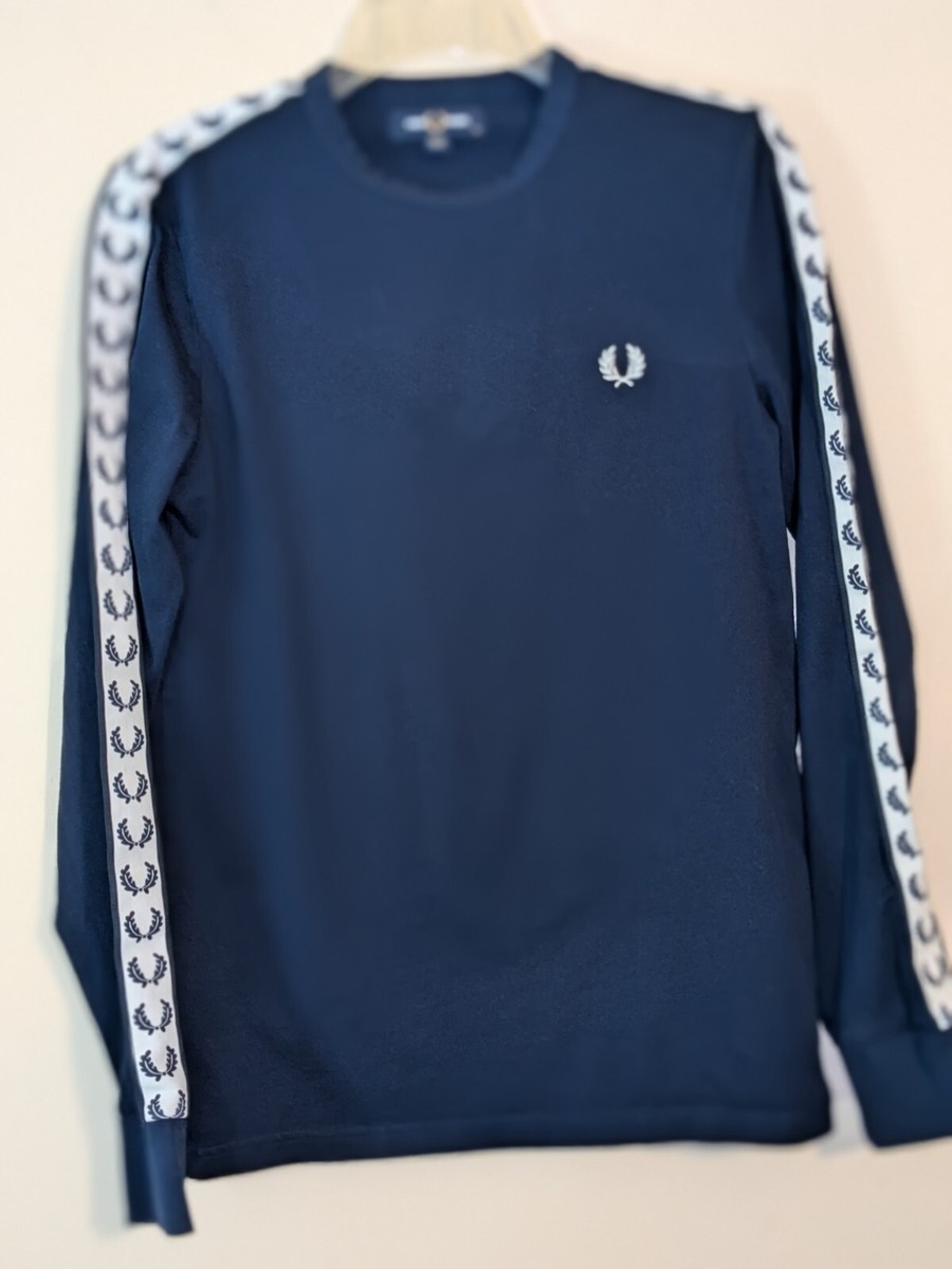 ■FRED PERRY■ Sharp Long Sleeve Crew Neck Pique T-Shirt Nav Fred Perry Taped Long Sleeve T-Shirt Navy W/Laurel Wreath