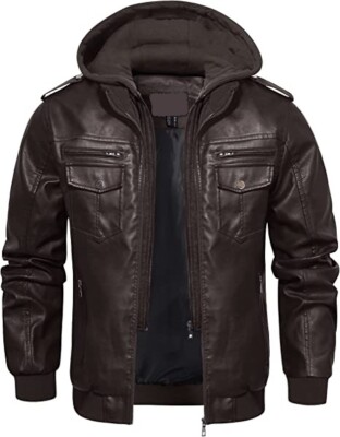 Men Brown Slim fit Hooded leather jacket, Biker leather jacket for