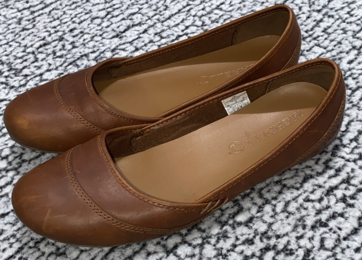 Scarpa piatta Merrell Ember ballerina donna taglia 6 5 marrone pelle fulvo slip on comoda