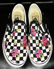 VANS CLASSIC "OFF THE WALL" SLIP-ON CANVAS ROSE/POPPY CHECKERBOARD SHOES SZ 5.5