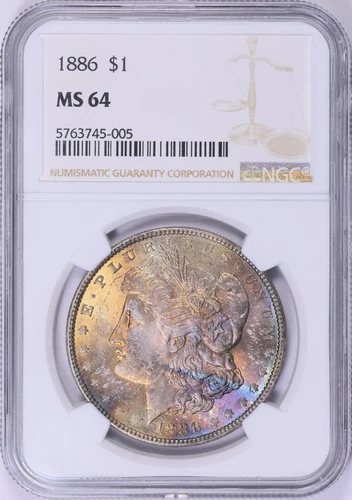 1886  Morgan Silver Dollar NGC MS 64 Rainbow Toned Neon Colors Exceptional