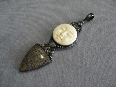 Sophisticated Large Pendant with Carved Bone Face  and Stones 4 Inch'' by 25 ''