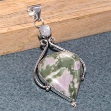 Long Peace Jade Rainbow Moonstone 925 Silver Plated Pendant 2.7