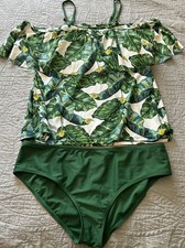 Bikini Swimsuit Green Ruffle Top High Waist Two Piece Suit Ruffle Top XL