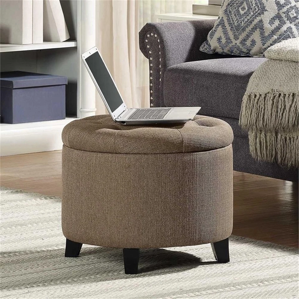 Pemberly Row Modern Round Storage Ottoman in Cappuccino Fabric - Image 4 of 4