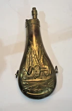 Vtg Brass Reproduction, Black Powder Flask/Horn Embossed W/Cannon & Flags Empty!