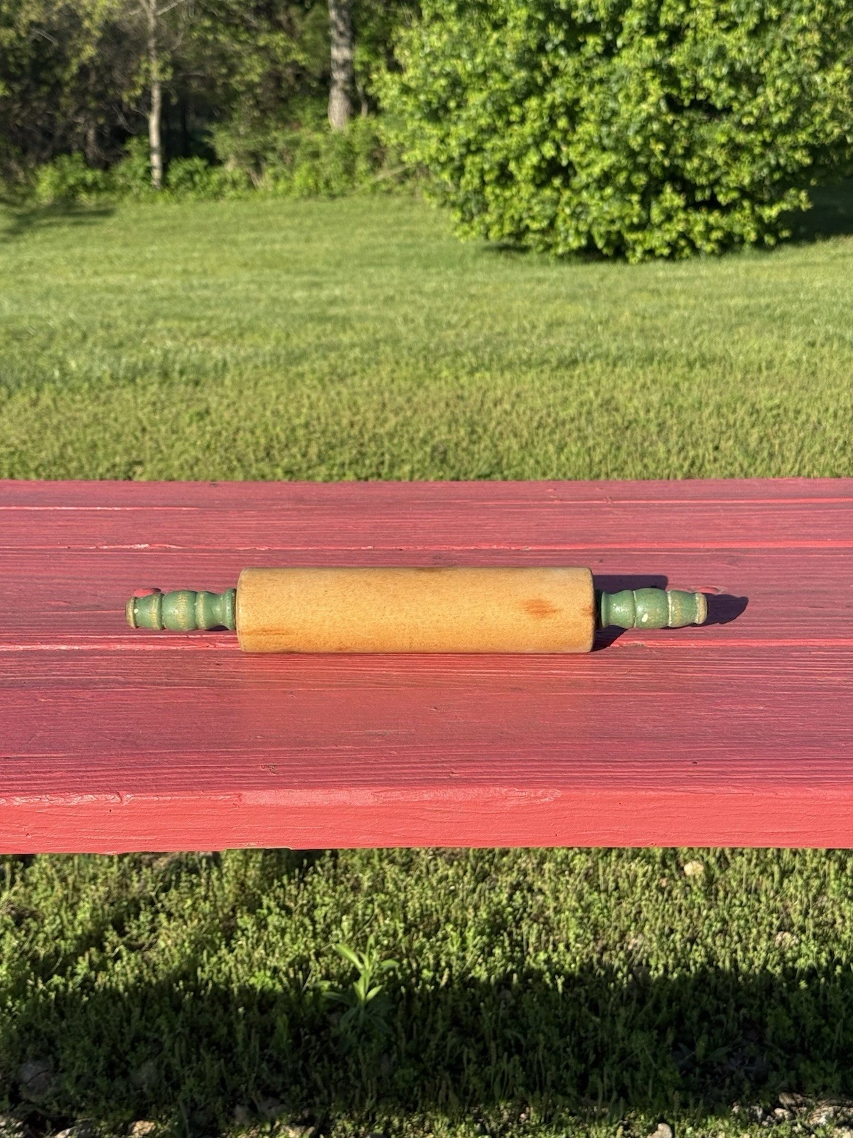 ANTIQUE KITCHEN FARMHOUSE GREEN WOOD PINNED HANDLE ROLLING PIN ORIGINAL CLEAN