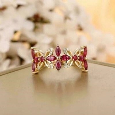 2.30Ct Marquise Cut Simulated Red Ruby Wedding Band Ring 14K Yellow Gold Plated
