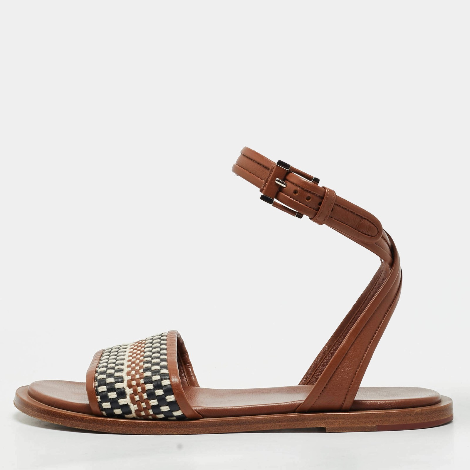 Loro Piana Size 38 Brown Leather Flat Ankle Wrap Flat Sandals