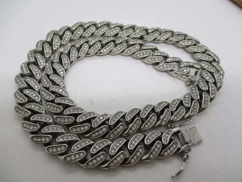 Silver Tone Cuban Iced-Out Chain Link Men's Necklace - Picture 12 of 13