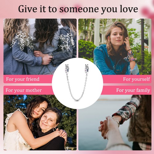 MULA 925 Sterling Silver Cat Love Safety Chain DIY Charm CZ For Women Bracelet - Picture 5 of 5