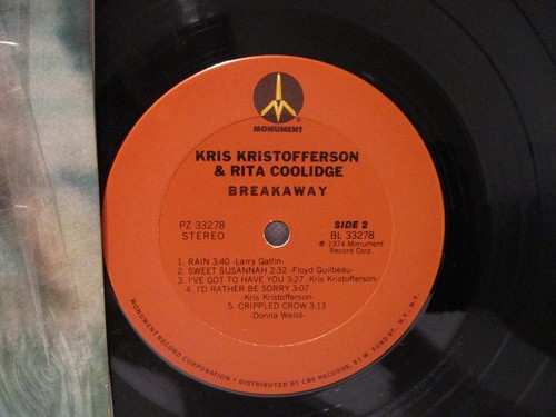 Kris Kristofferson & Rita Coolridge Breakaway 1974 LP Record Outlaw Country - Imagen 2 de 4