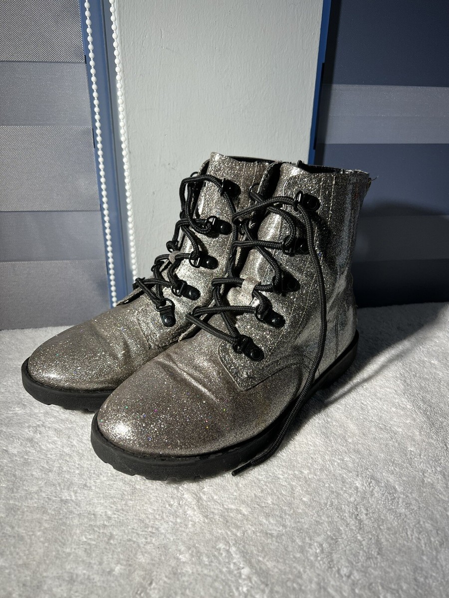 Wonder Nation Silver Glitter Combat Boots Girls Size Zip Up and Lace Up