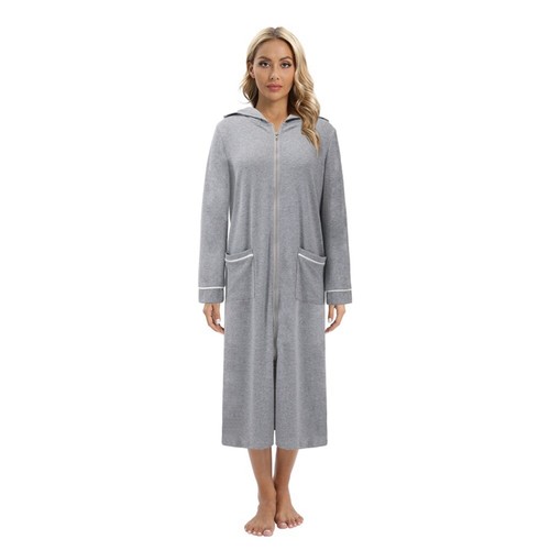 Women'Hooded Zipper Bathrobe Spa Long Sleeve W/Pockets Sleepdress Nightie S-2XL - Picture 3 of 26