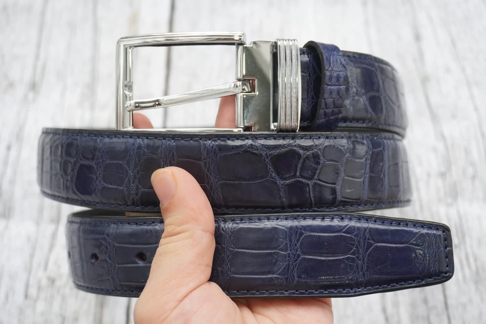 Blue Genuine CROCODILE Belly Leather Skin Men's Belt - W 1.3" #H21 - Image 4 of 4