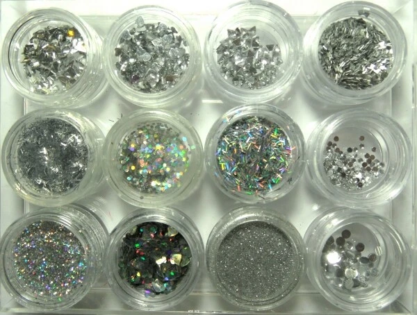 BUSCHMANN NAIL COSMETICS Accessoires/12 Döschen Glitzer/Perlen/Steinchen/Flitter/ silber-regenbogen Nr.2