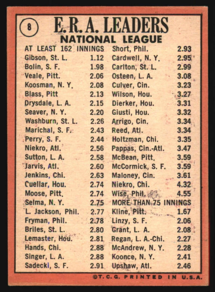 1969 Topps #8 Bob Gibson/Bobby Bolin/Bob Veale EX/EX+ N.L. ERA Leaders 575649 Foto 2 de 2