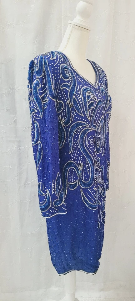 Vintage Stenay Blue Silk Pearl Beaded Sequin Dress Sleeves Cocktail Formal 8 - Image 3 of 4