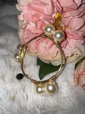 Bourbon and Boweties Double Pearl Bangle Bracelet Wire Wrapped Stacking Bowties