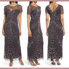 NEW 248 Pisarro Nights 2 Illusion Beaded Mesh Column Gown Eggplant G868