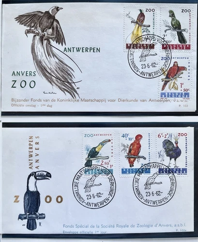 BELGIUM 1962 Zoo Birds Parrots Toucan Scott B712-B717 FDC Two Covers