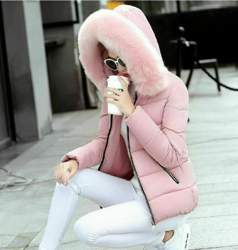 Mujeres Invierno Parka Puffer Cuello de Piel Burbuja Chaqueta Acolchada con Capucha Abrigo Cálido Foto 3 de 4