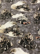 TRAINS RAILROAD SMOKE REALISTIC SCENE COTTON FABRIC FQ