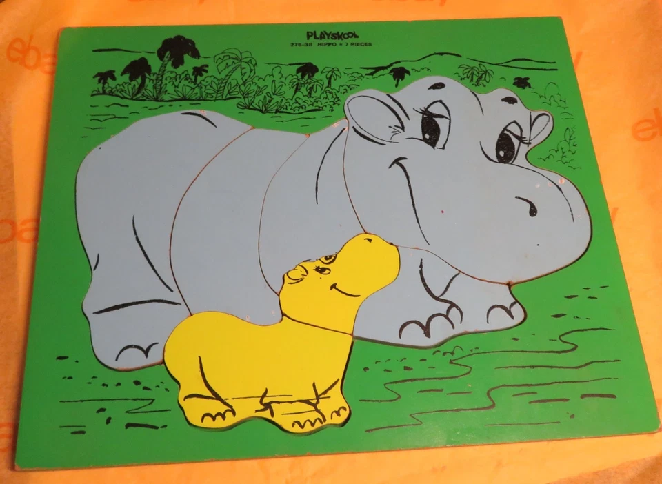 Rompecabezas de hipopótamos PLAYSKOOL de madera vintage #275-38 7 piezas bandeja de madera verde y azul 2 Foto 2 de 4