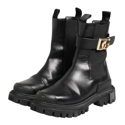 DOLCE & GABBANA Shoes Black Gold DG Logo Trekking Calf Boots EU37