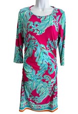 Lilly Pulitzer Dress M Pink Turquoise Floral Ruched 3/4 Sleeve Stretch Resort